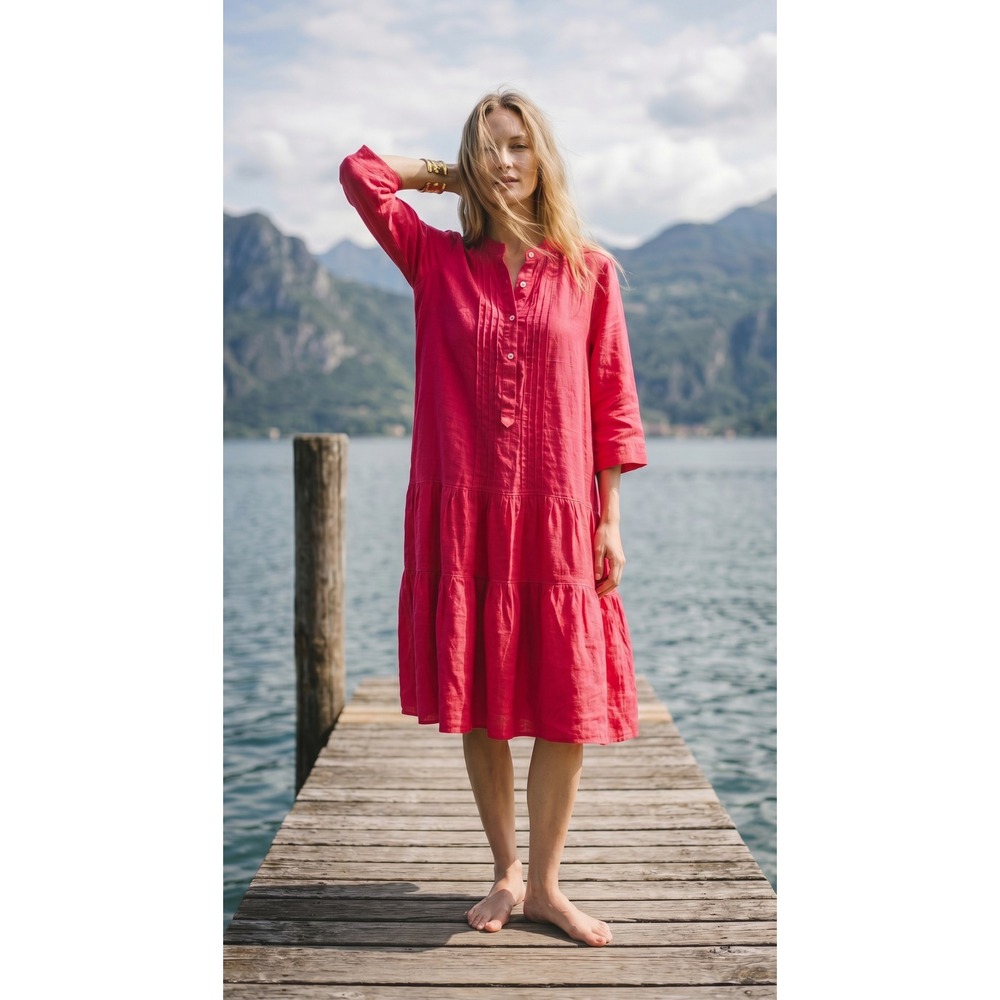 Rosso35 Made In Italy 100% Linen Tiered Pintuck Midi Dress IT 42 US 6 Vacation
